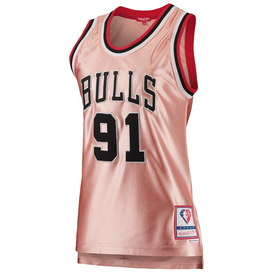 NBA X Mitchell & Ness joint model Chicago Bulls Dennis Rodman round neck alphanumeric print 75th anniversary basketball vest, fan version, women's rose gold