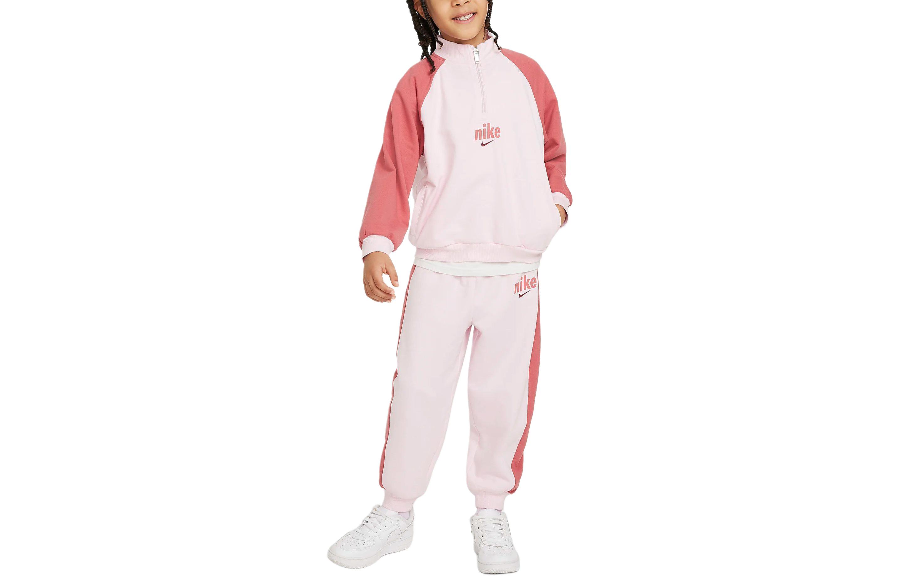 Nike Children's Clothing Toddler 2-Piece Half-Zip Set Letter Color Print Stand Collar Pullover Long Sleeve Elastic Waist Trousers Casual Sports Set Children's Pink