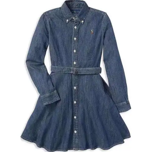 Polo Ralph Lauren Dress, denim indigo long-sleeve, logo embroidery service, for teenagers
