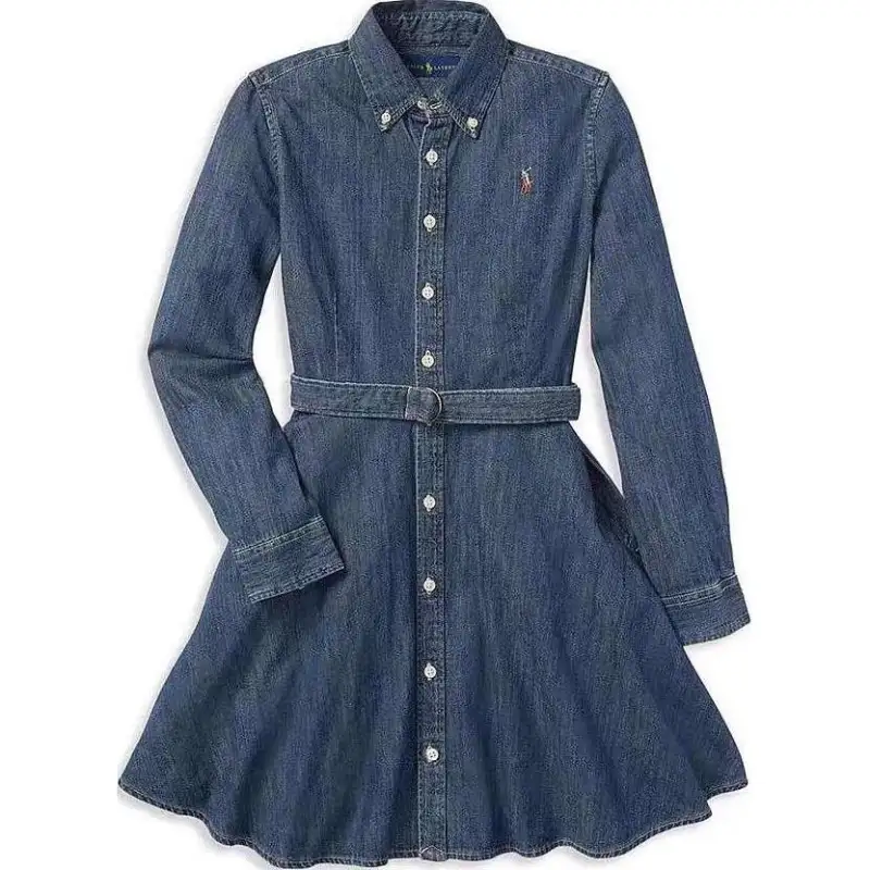 Polo Ralph Lauren Dress, denim indigo long-sleeve, logo embroidery service, for teenagers