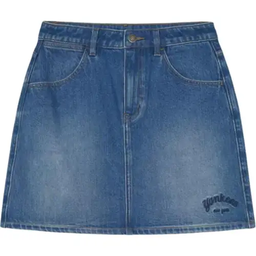 MLB New York Yankees Culsive Cursive Embroidered A-Line Denim Skirt Women's Blue