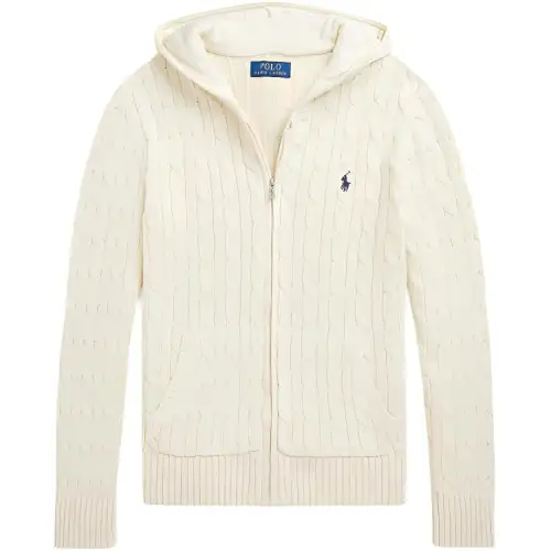 Polo Ralph Lauren Kangaroo, sweater, pony, knitted cream long-sleeve with hood with zipper, with embroidery, for teenagers