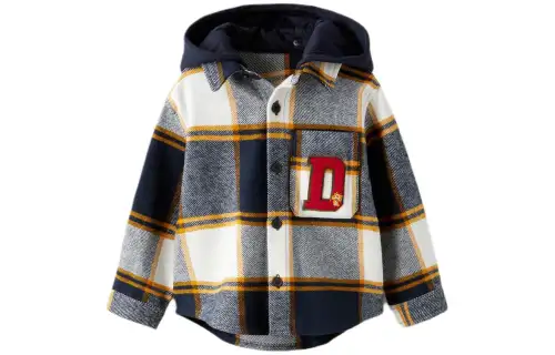 ZARA New Year Series Plaid Color Blocking Single Breasted Removable Hood Letter Embroidery Long Sleeve Shirt Children's Navy Blue/Nude