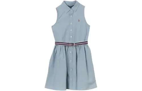 Polo Ralph Lauren Dress, pony, megaphone sleevless, belt, indigo shirt, with embroidery, slim fit, for teenagers