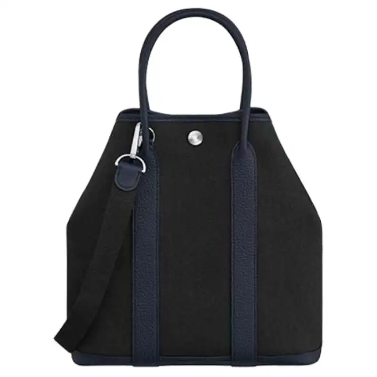 HERMES Garden Party Canvas With Negonda Calfskin Handbag 28 Women's Black/Dark Blue