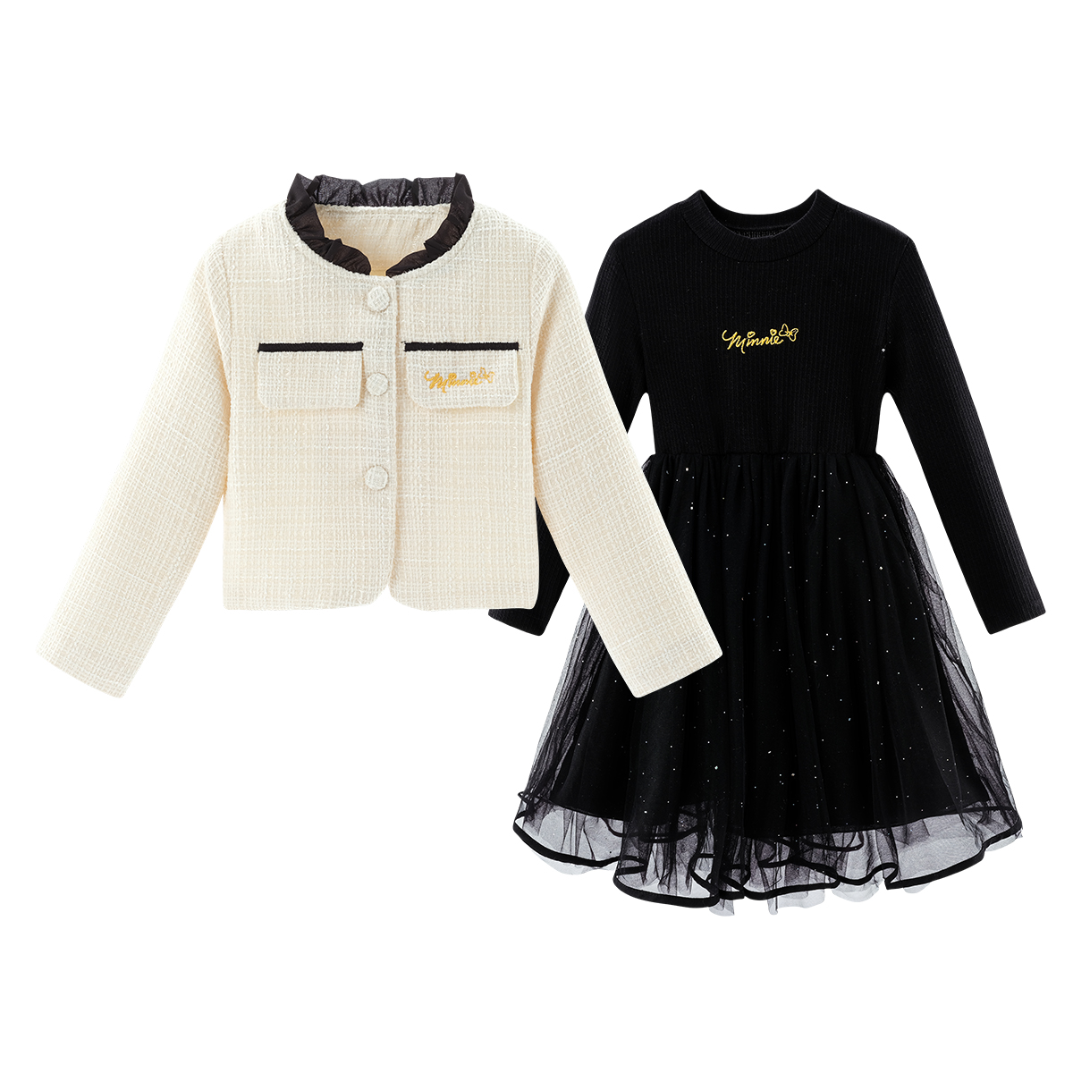 Disney Disney, comfortable set, dress with a round collar, jacket, black children's long-sleeve, Chanel style
