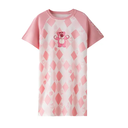 Disney Disney, cute pijama, cartoon comfortable breathable long summer fuchsia children's strawberry with a round collar, with short sleeve, mid-length, for teenagers