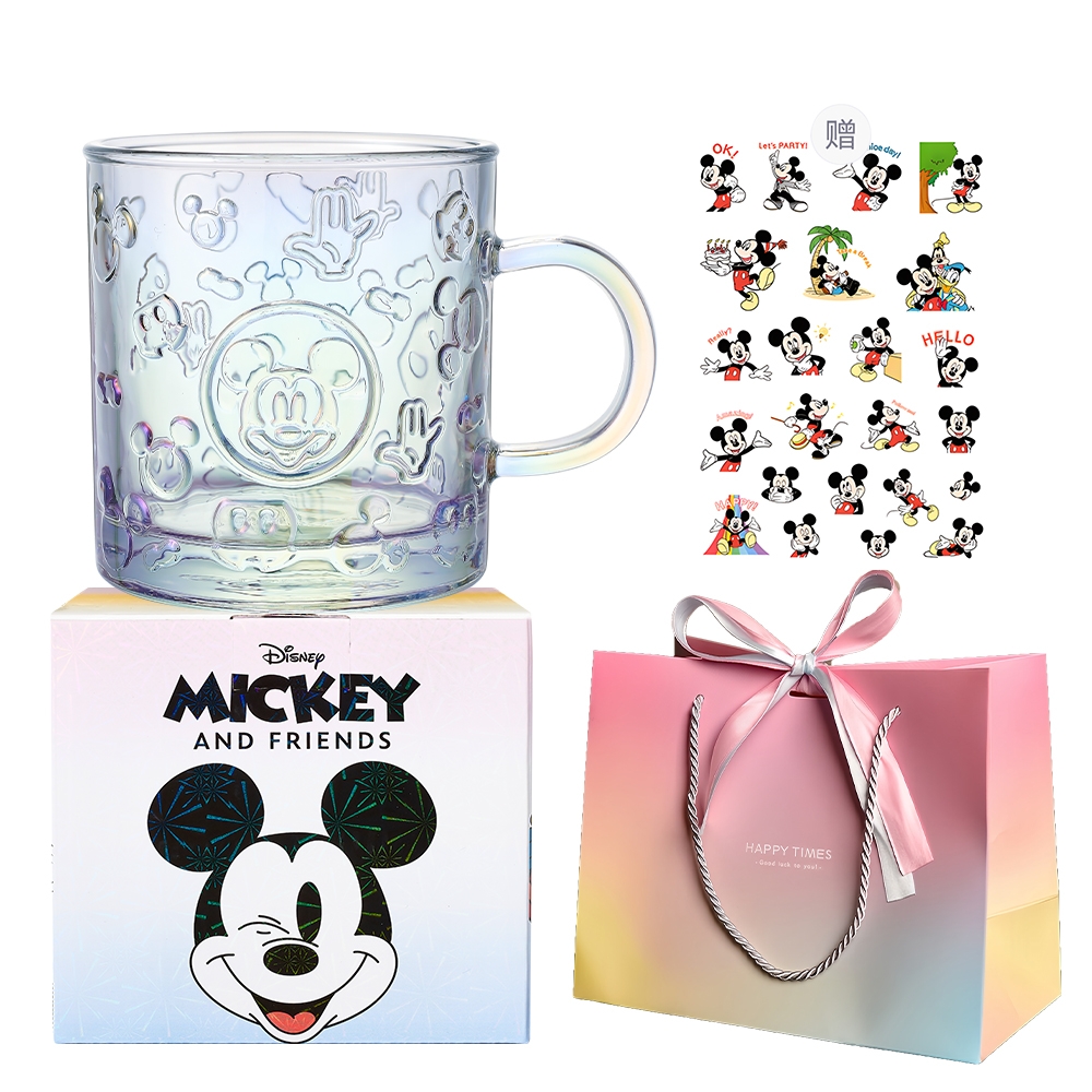 Disney Disney Mickey Series Glass Cartoon Mickey embossed glass Summer office home milk breakfast cup Versatile and good-looking practical summer student water cup for men and women Couple coffee cup Blue 420mL
