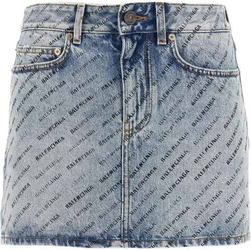 Balenciaga Allover Logo Printed Denim Mini Skirt