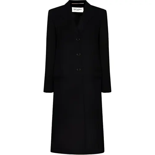 SAINT LAURENT Coats Women's Black Lapel Moderate Straight Fit
