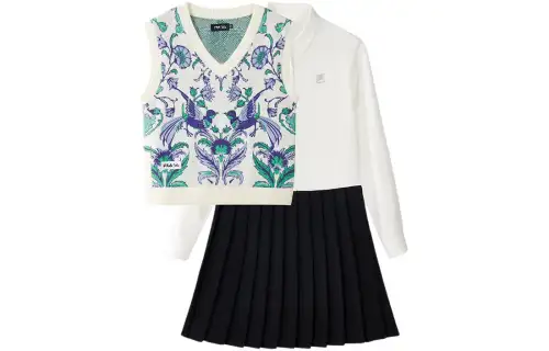 FILA KIDS X V&A co-branded skirt suit Morgan series floral jacquard V-neck pullover vest contrasting color splicing long-sleeved dress fully printed children's style