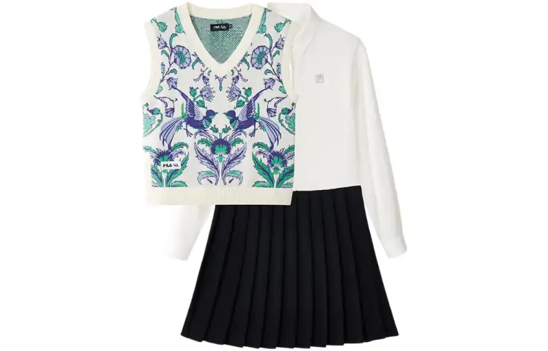 FILA KIDS X V&A co-branded skirt suit Morgan series floral jacquard V-neck pullover vest contrasting color splicing long-sleeved dress fully printed children's style