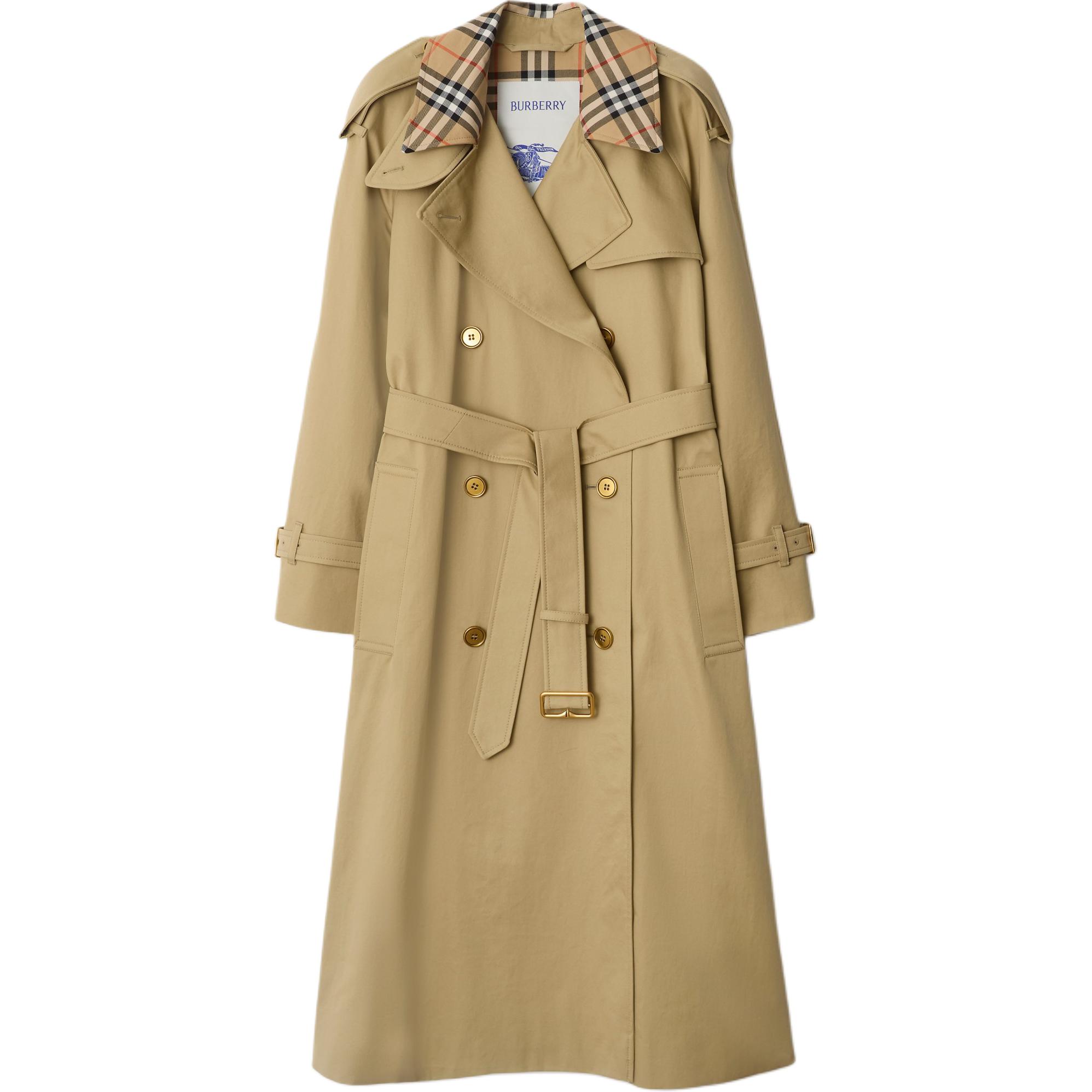 Burberry Burberry SS25 plaid collar cotton double-breasted long trench coat women's khaki