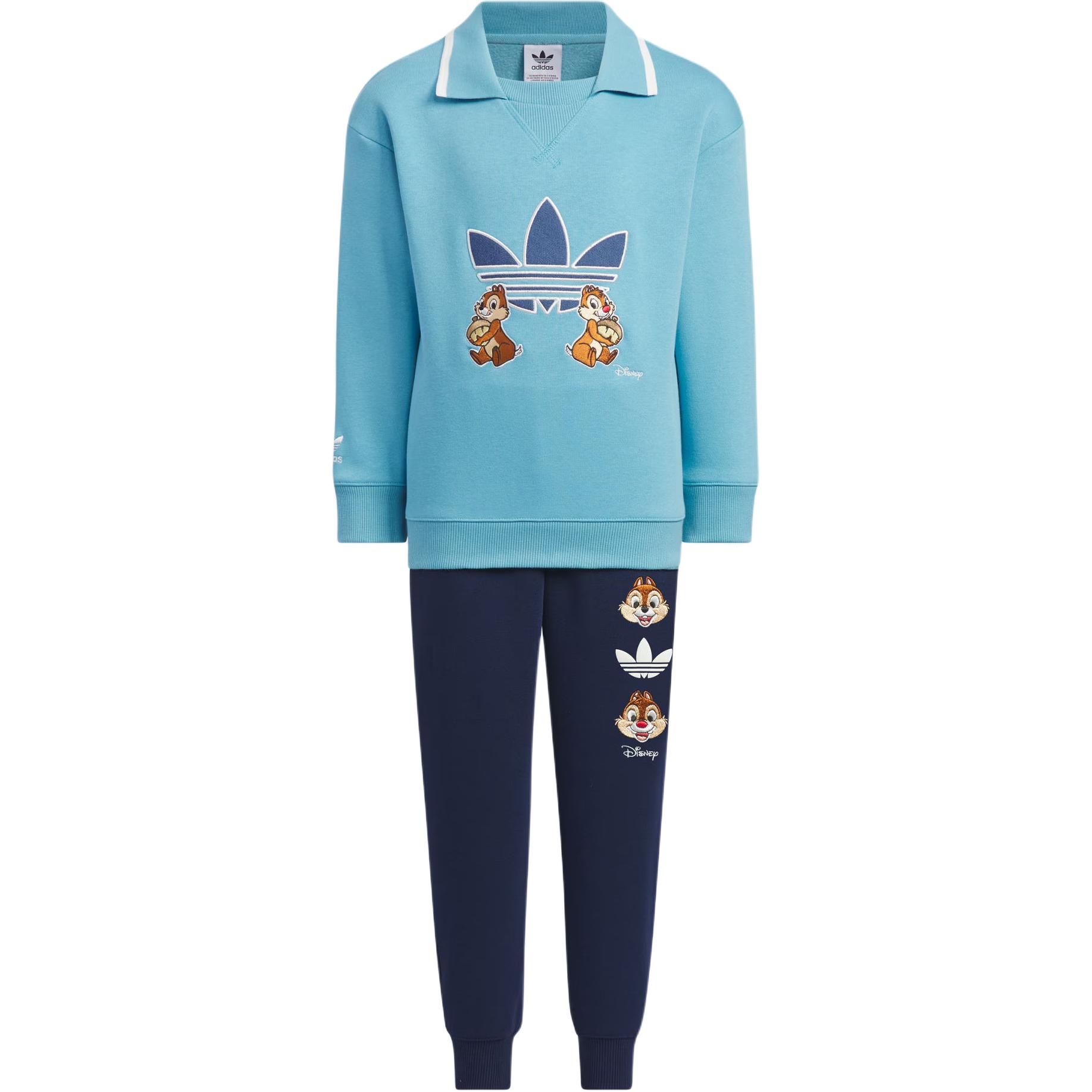 Adidas originals x Disney/Disney casual sports suit KNIT CREW SET APPAREL lapel ribbed cartoon animation loose long sleeves dark indigo children and middle-aged children