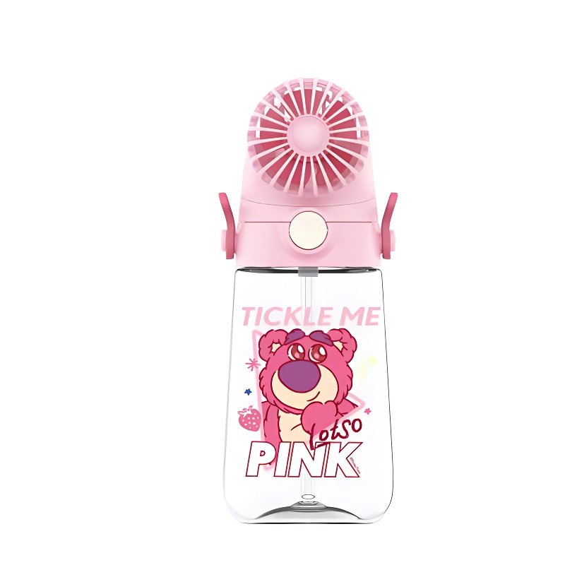 Disney Disney, plastic fuchsia children's strawberry with glass, summer creative glass, air fan charging for students, handheld portable suspenders, 590 ml, 590 ml
