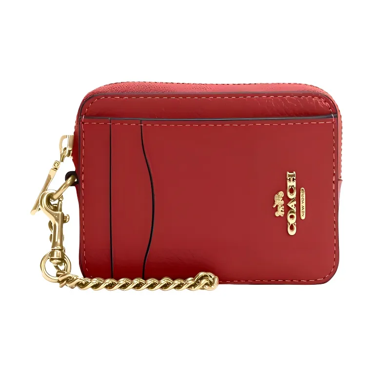 COACH Card Case Pebbled Leather Coin Purse, Card Holder Mini Women's Red