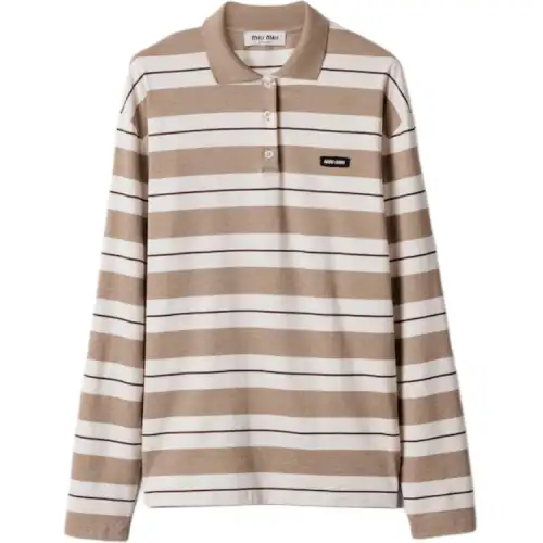 MIU MIU Miu Miu SS25 Summer Series Striped Cotton Jersey Long Sleeve Polo Shirt Women's Natural Color
