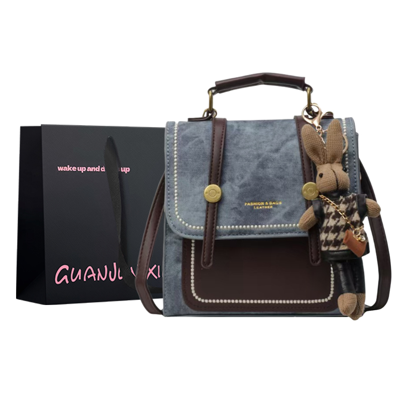 Retro universal backpack to go out for traveling PVC, denim fuchsia beige red (black) tea, with little bears