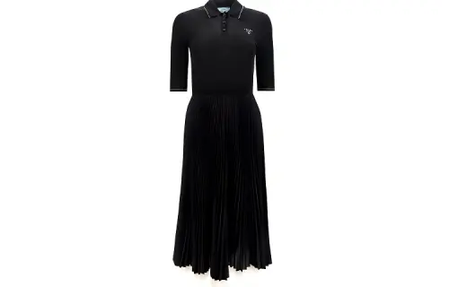 PRADA Short Sleeved Dresses Women's Black Polo Collar Moderate Mid Length