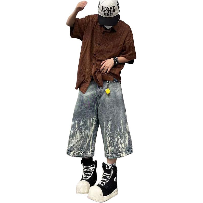 MORii Island Store flame pattern cropped pants, American high street vintage distressed washed straight loose denim shorts, unisex