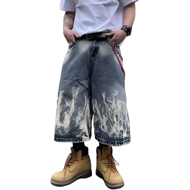 MORii Island Store flame pattern cropped pants, American high street vintage distressed washed straight loose denim shorts, unisex