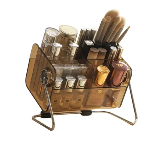 Perfume, lipstick, eyeshadow palette, brush for skin care, stand ancient style, plastic storage box
