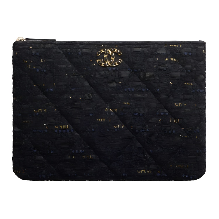 CHANEL 19Bag Twill Soft Woolen Pouch Clutch Women's Black & Marine Blue & Gold