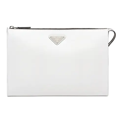 PRADA Saffiano Zip Closure Shiny Leather Clutch Men's White
