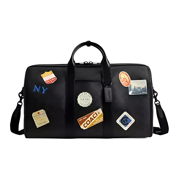 COACH Duffle Coated Canvas With Calfskin And Smooth Leather Travel Bags Men's Charcoal Multicolor