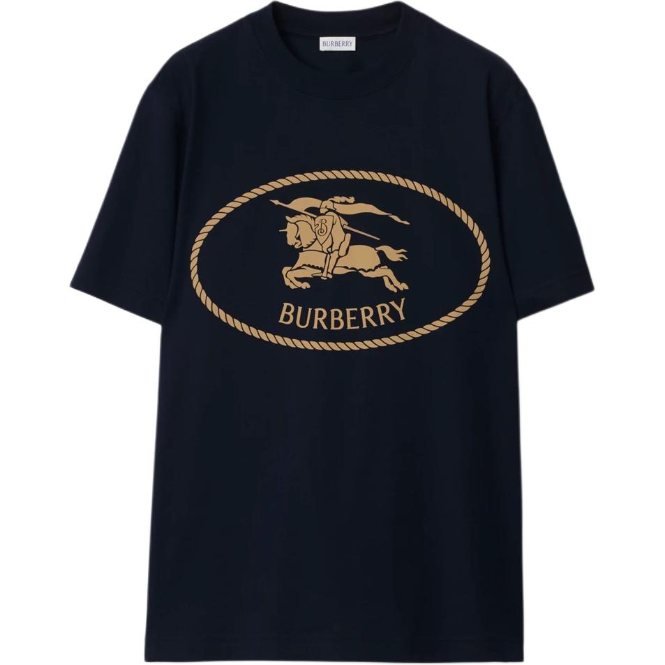 Burberry Burberry SS25 Cotton Ribbed Knit Collar Round Neck Short Sleeve T-Shirt Men's Navy Blue