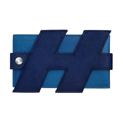 HERMES H Tag Silver Tone Buckle Epsom Leather Card Holder Women's Blue & Dark Blue