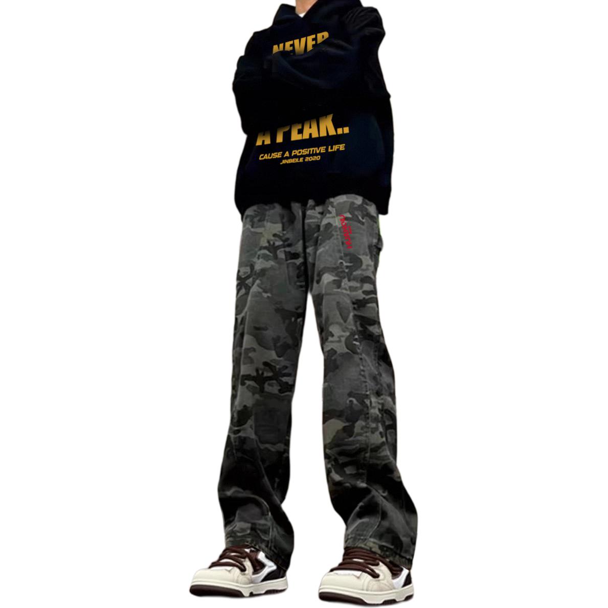 Global HUANQIU American loose unisex functional vibe style mid-waist wide-leg high street slim-cut brand logo work trousers versatile floor-length mopping outdoor commuting splicing retro casual structure jeans same style for men and women camouflage color