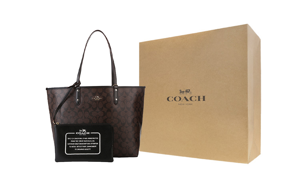 Женская сумка COACH Reversible City Tote 33 (черно-коричневая) — фото 7