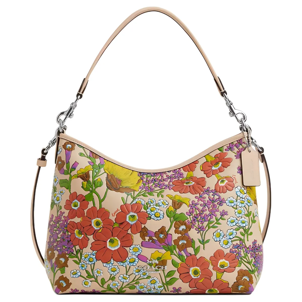 COACH Smooth Leather Handbag, Shoulder Bag Large Women's Silver With Ivory Multicolor