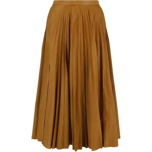 GUCCI Pleated Leather Midi Skirt Brown Yellow