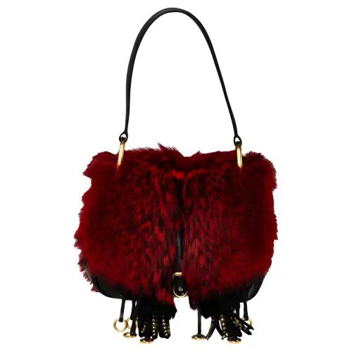 PRADA Leather Fringe Decoration Calfskin With Fox Leather One Shoulder Handbag Women's Red/Black