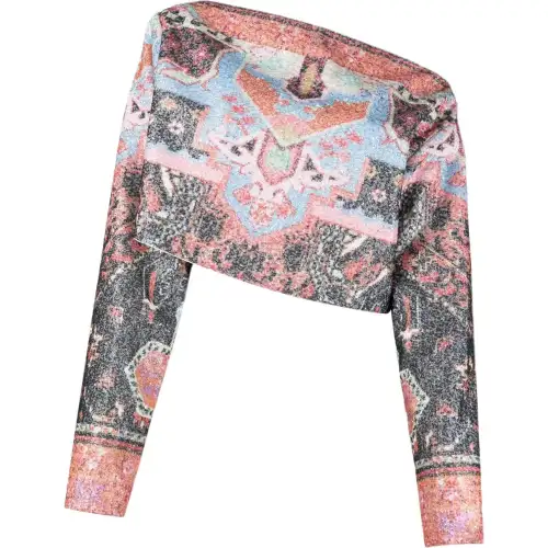 BALMAIN Balmain SS22 off-shoulder sequin colorful abstract pattern short long-sleeved shirt for women multi-color