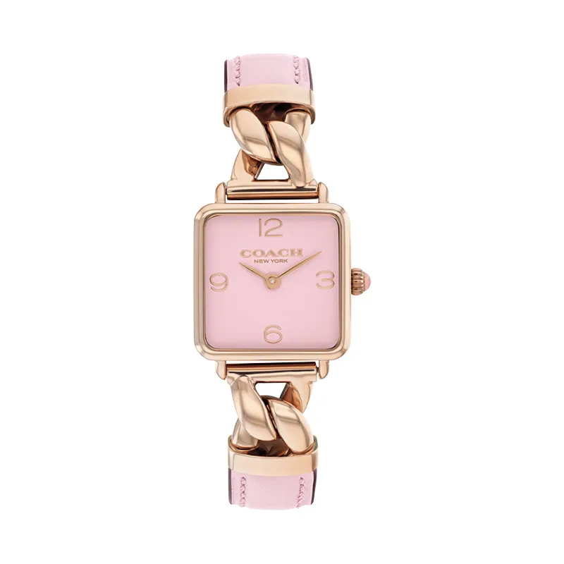 COACH Cass Wrist Watches Quartz Movement Steel, Cow Leather Strap Pink Watch Dial Women's Watch