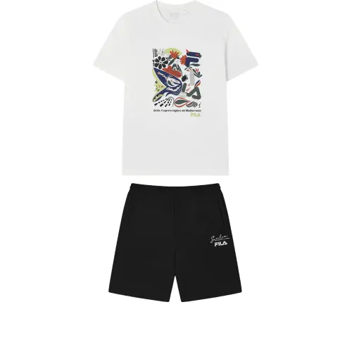FILA Casual Sportswear Men's Clothing Sets Cloud White+Jet Black Crew Neck Moderate