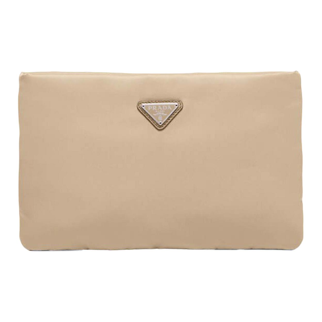 PRADA Zip Closure Textile, Cow Leather Shoulder Bag, Crossbody Bag, Chain Bag, Clutch Women's Khaki