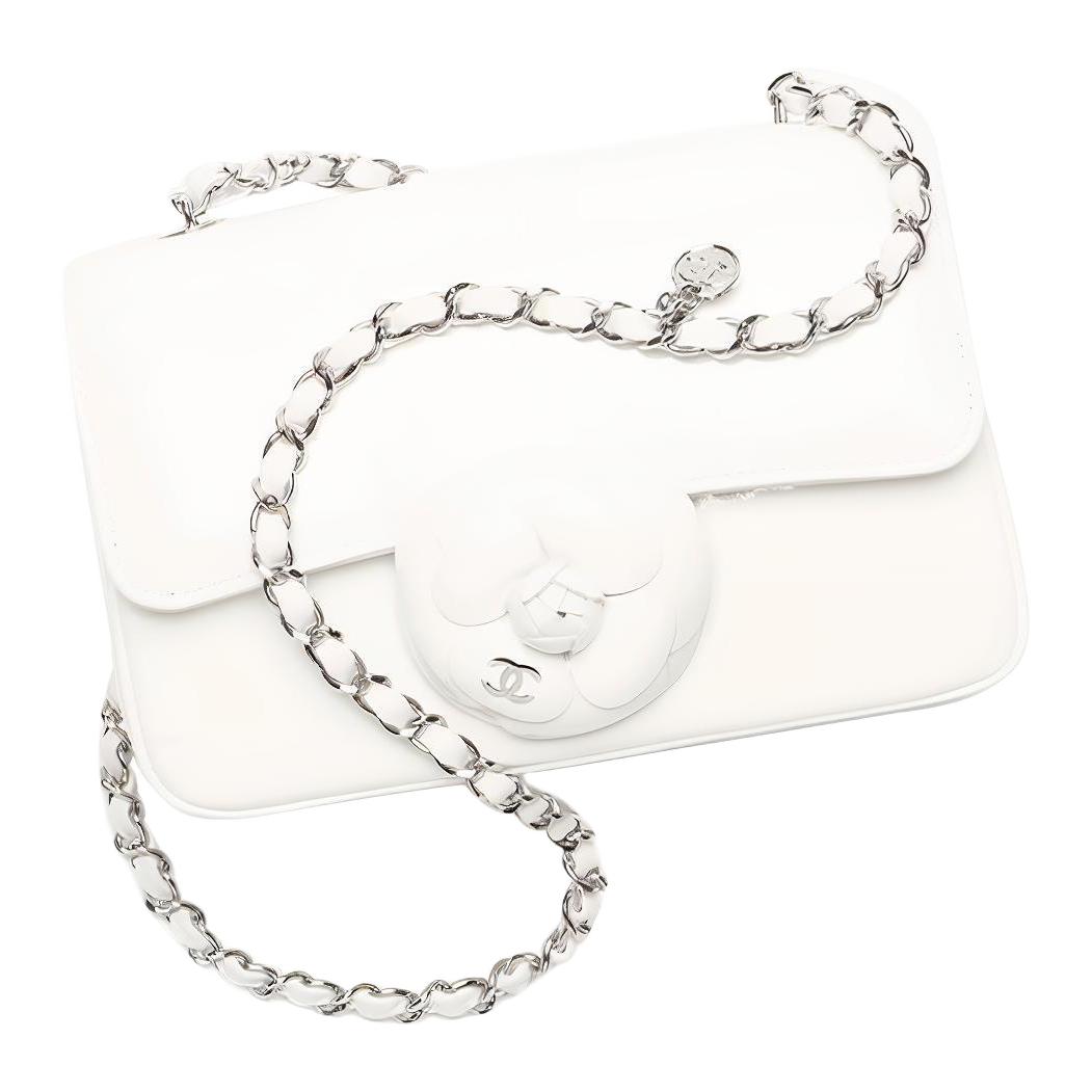 CHANEL Calf Patent Leather Camellia Flap Bag, Crossbody Bag, Shoulder Bag Small Women's White