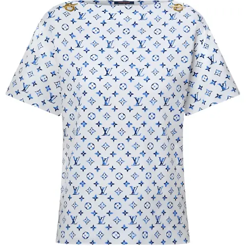 LOUIS VUITTON SS25 Women's Nautical Collection, Cotton Eyelet Letter Print Knitted Fabric Short Sleeved T Shirt Women's