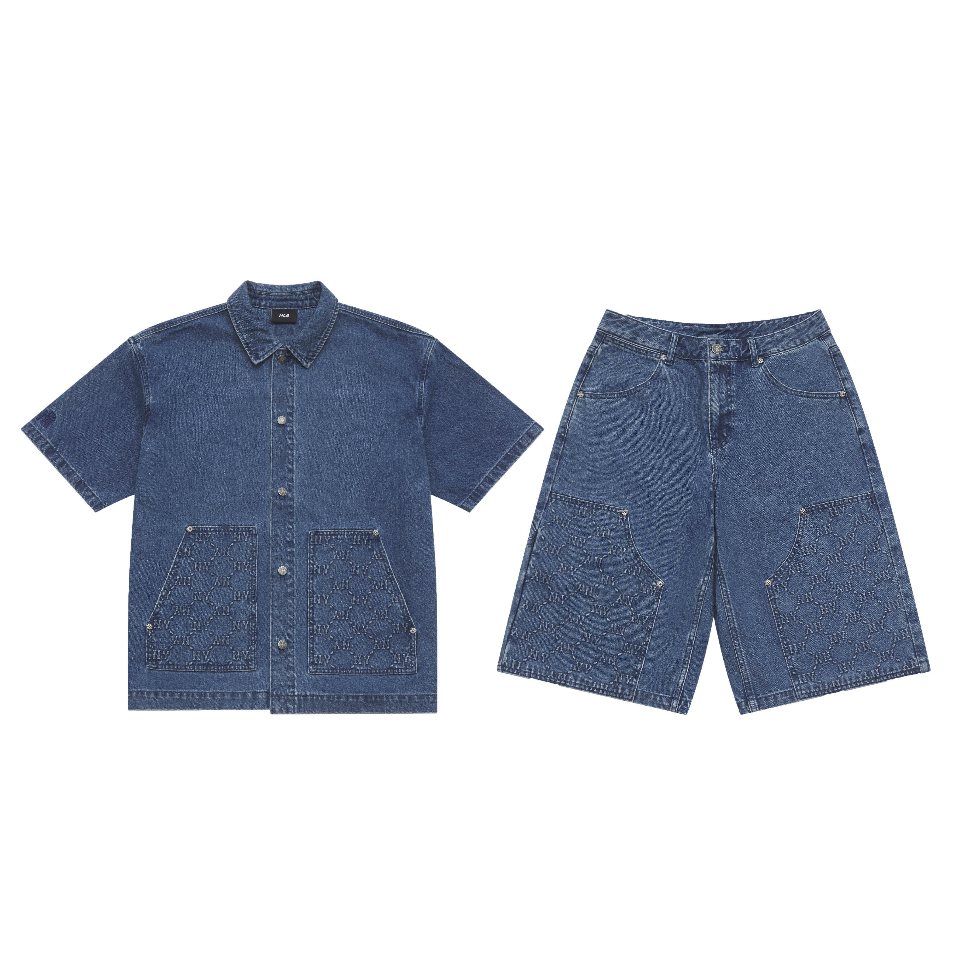 MLB Retro fashionable solid comfortable shorts, shirt, denim set for men and women, American style, simple and elegant design, with short sleeve, 2 pieces