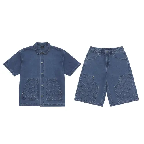 MLB Retro fashionable solid comfortable shorts, shirt, denim set for men and women, American style, simple and elegant design, with short sleeve, 2 pieces