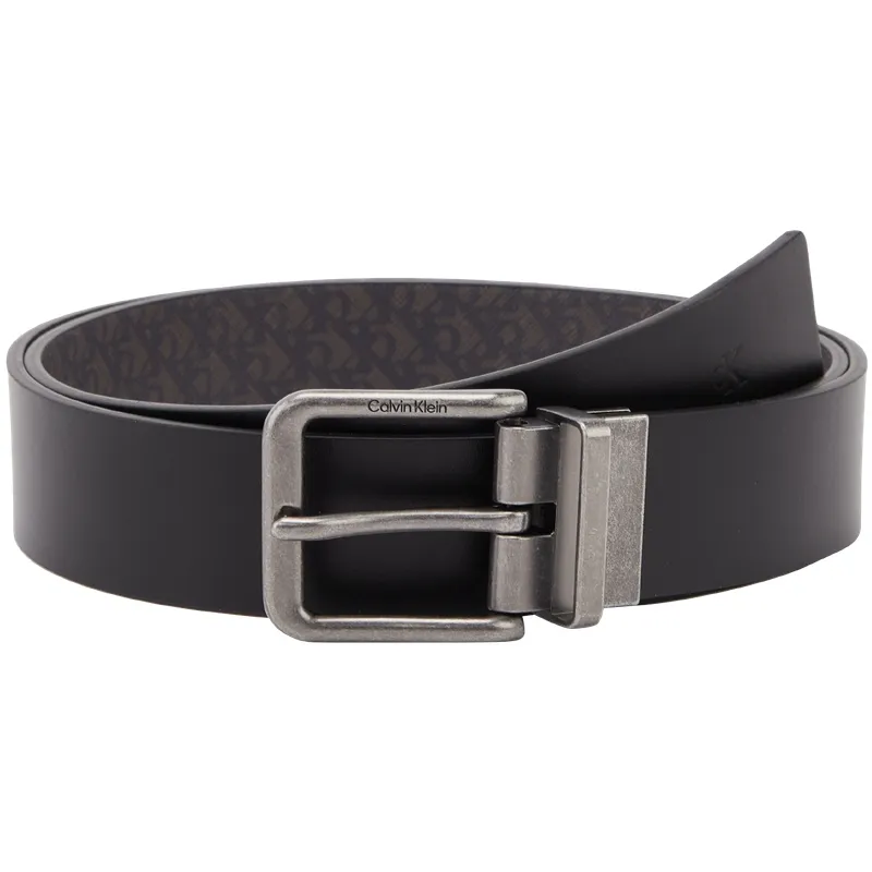 CALVIN KLEIN Split Cow Leather Belts Men's Space Black/Fine Grained Gray Width 3.5cm