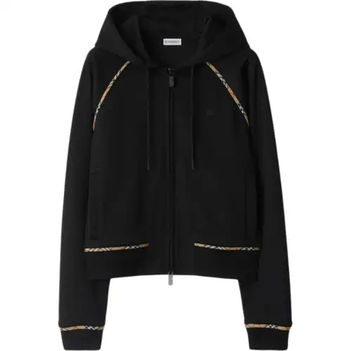 Burberry Checked Trim Zipped Drawstring Hoodie