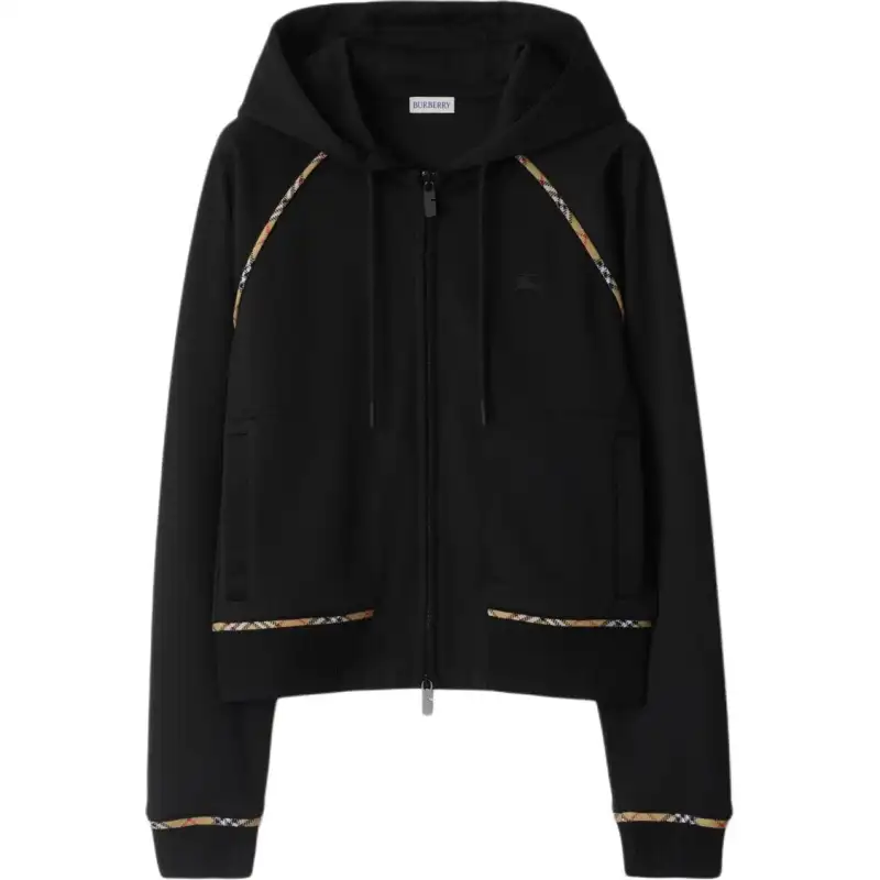 Burberry Checked Trim Zipped Drawstring Hoodie