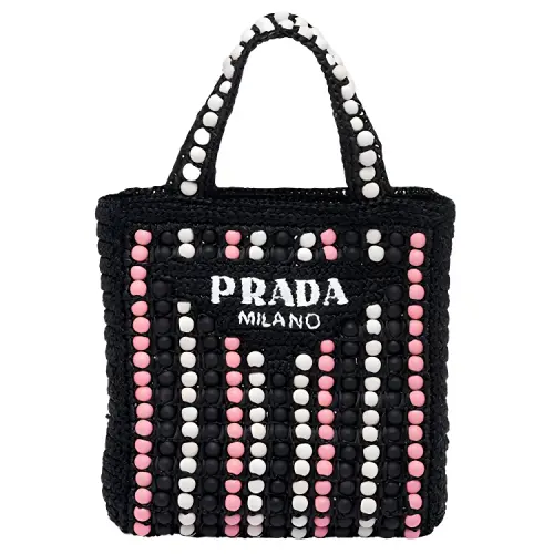 PRADA Raffia Fiber And Wooden Tote Handbag Women's Black