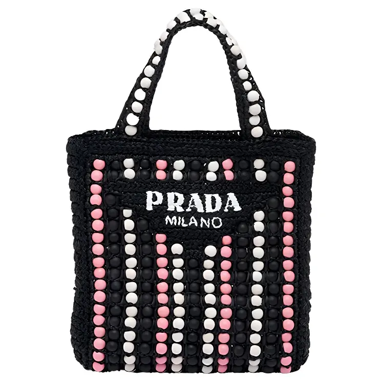 PRADA Raffia Fiber And Wooden Tote Handbag Women's Black