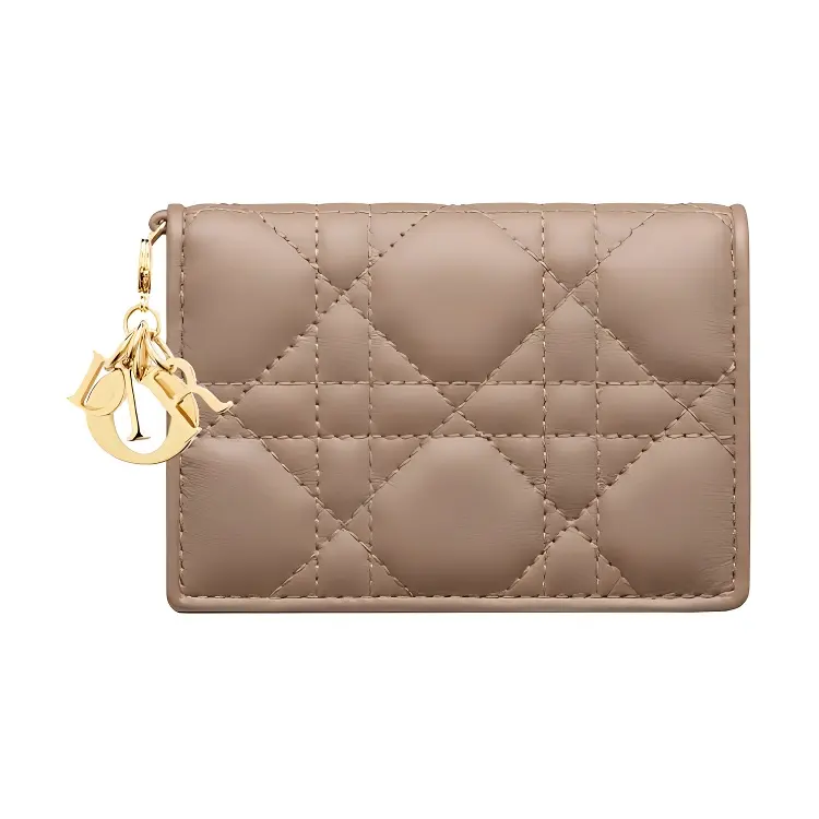 DIOR Lady Dior Wicker Pattern Sheepskin Card Holder Mini Women's Warm Taupe